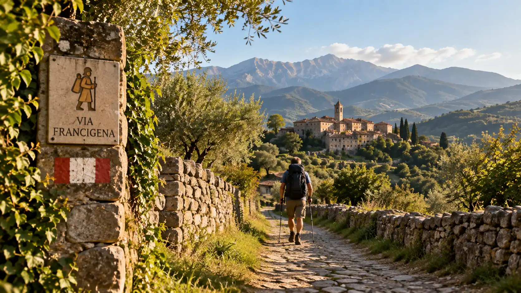 Via Francigena path toward the village Via Francigena trail towards the village
